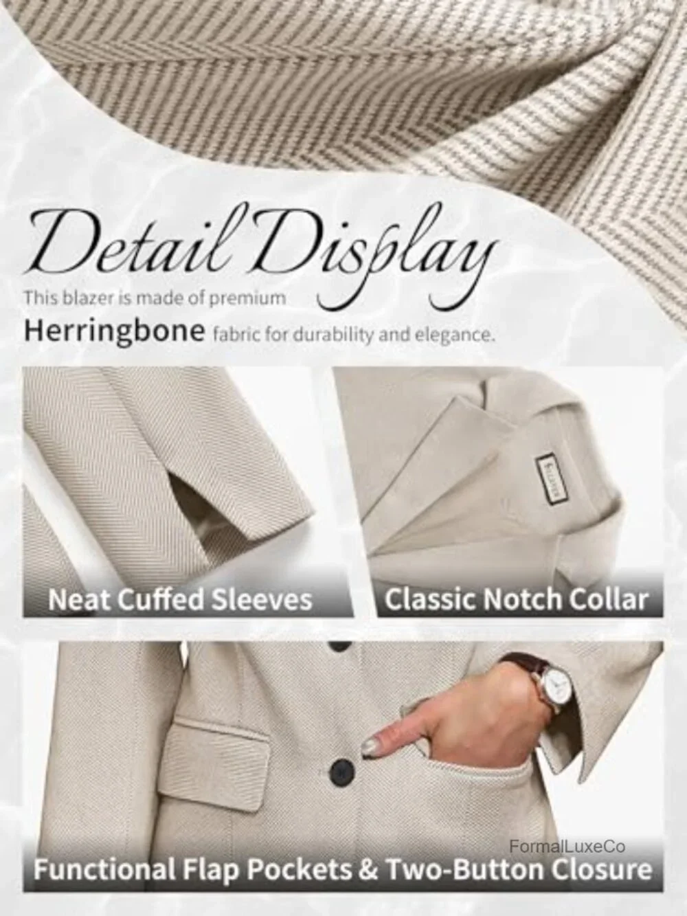Women's Herringbone Tweed Blazer – Slim Fit Business Casual Work Jacket with - Picture 6 of 7
